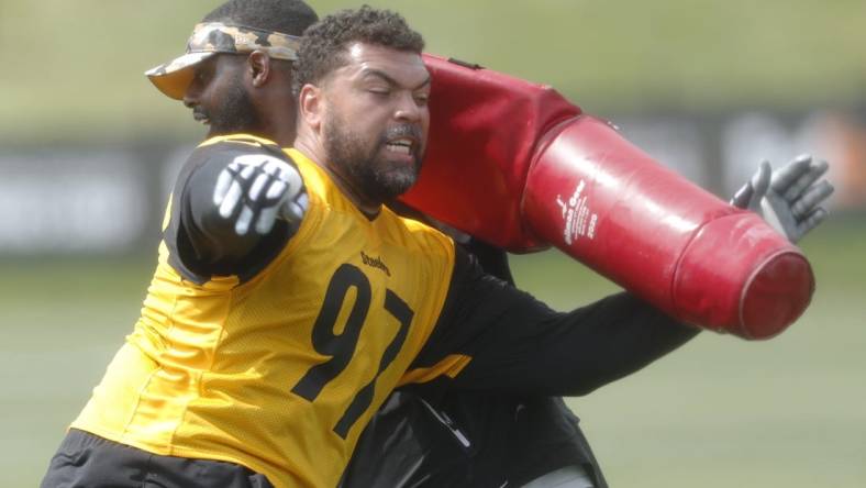 Jul 27, 2023; Latrobe, PA, USA;  Pittsburgh Steelers defensive tackle Cameron Heyward (97) participates in drills during training camp at Saint Vincent College. Mandatory Credit: Charles LeClaire-USA TODAY Sports