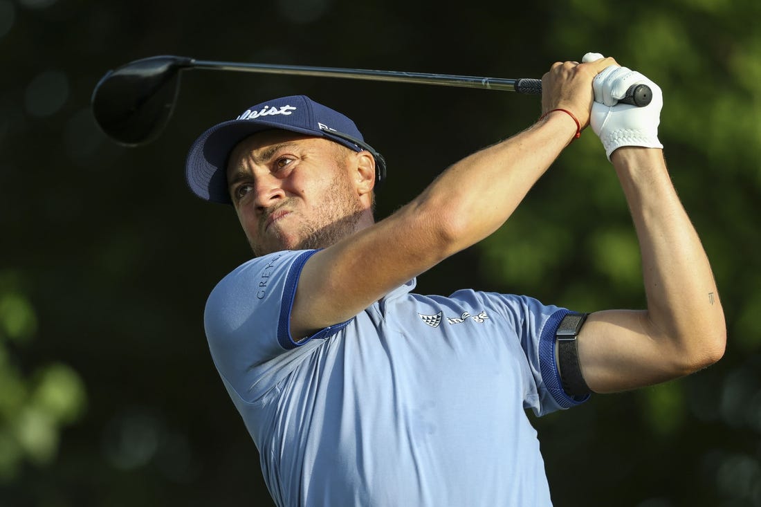 Jul 28, 2023; Blaine, Minnesota, USA; Justin Thomas hits his tee shot on the 11th hole during the second round of the 3M Open golf tournament. Mandatory Credit: Matt Krohn-USA TODAY Sports