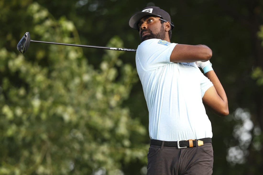 Jul 28, 2023; Blaine, Minnesota, USA; Sahith Theegala hits his tee shot on the 11th hole during the second round of the 3M Open golf tournament. Mandatory Credit: Matt Krohn-USA TODAY Sports