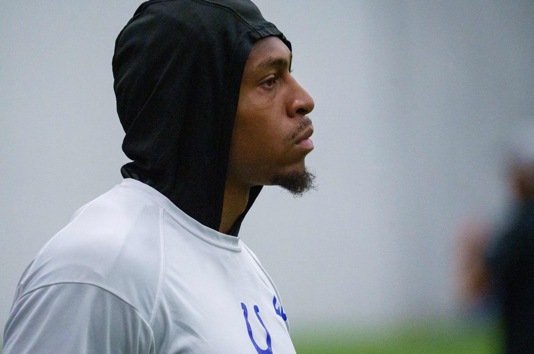 Jul 28, 2023; Westfield, Indiana, USA; Indianapolis Colts running back Jonathan Taylor (28) makes his way around the field during an indoor practice at Grand Park Sports Campus. Mandatory Credit: Mykal McEldowney/The Indianapolis Star-USA TODAY Sports