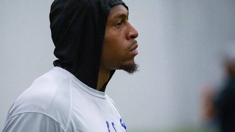 Jul 28, 2023; Westfield, Indiana, USA; Indianapolis Colts running back Jonathan Taylor (28) makes his way around the field during an indoor practice at Grand Park Sports Campus. Mandatory Credit: Mykal McEldowney/The Indianapolis Star-USA TODAY Sports