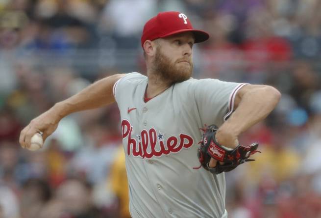 Jul 28, 2023; Pittsburgh, Pennsylvania, USA; Philadelphia Phillies starting pitcher Zack Wheeler (45) delivers a pitch against the Pittsburgh Pirates during the first inning at PNC Park. Mandatory Credit: Charles LeClaire-USA TODAY Sports