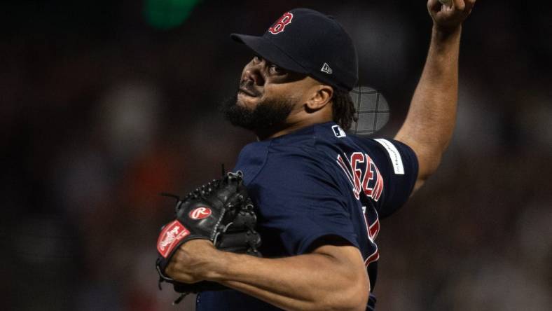 Jul 28, 2023; San Francisco, California, USA; Boston Red Sox pitcher Kenley Jansen (74) delivers a pitch against the San Francisco Giants during the ninth inning at Oracle Park. Mandatory Credit: D. Ross Cameron-USA TODAY Sports