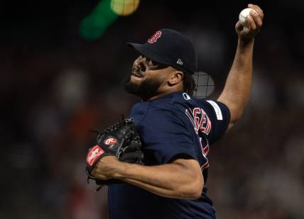 Jul 28, 2023; San Francisco, California, USA; Boston Red Sox pitcher Kenley Jansen (74) delivers a pitch against the San Francisco Giants during the ninth inning at Oracle Park. Mandatory Credit: D. Ross Cameron-USA TODAY Sports
