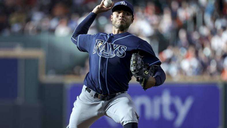 Jul 29, 2023; Houston, Texas, USA; Tampa Bay Rays starting pitcher Taj Bradley (45) delivers a pitch during the second inning against the Houston Astros at Minute Maid Park. Mandatory Credit: Troy Taormina-USA TODAY Sports