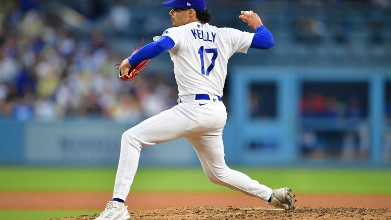 Jul 29, 2023; Los Angeles, California, USA; Los Angeles Dodgers relief pitcher Joe Kelly (17) throws against the Cincinnati Reds during the sixth inning at Dodger Stadium. Mandatory Credit: Gary A. Vasquez-USA TODAY Sports