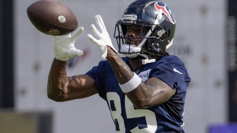 Jul 30, 2023; Houston, TX, USA; Houston Texans wide receiver Noah Brown (85) catches a pass during training camp practice at the Houston Methodist Training Center. Mandatory Credit: Thomas Shea-USA TODAY Sports