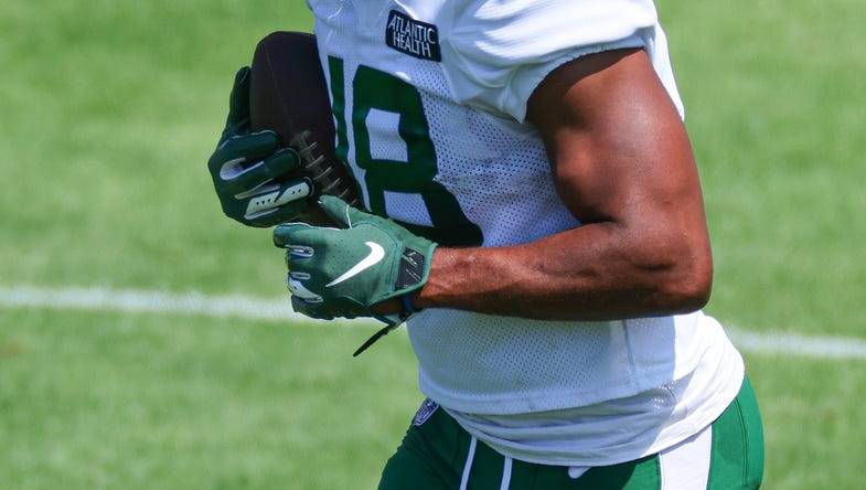 Jul 31, 2023; Florham Park, NY, USA; New York Jets wide receiver Randall Cobb (18) participates in drills during the New York Jets Training Camp at Atlantic Health Jets Training Center.  Mandatory Credit: Vincent Carchietta-USA TODAY Sports