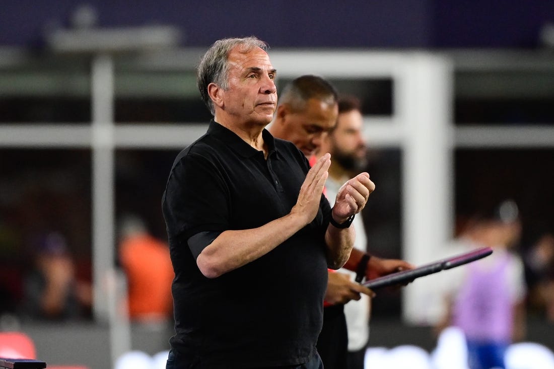 Jul 26, 2023; Foxborough, MA, USA; New England Revolution head coach Bruce Arena claps on the sideline during the second half against Club Atletico de San Luis at Gillette Stadium. Mandatory Credit: Eric Canha-USA TODAY Sports