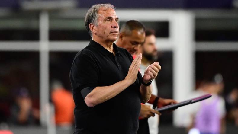 Jul 26, 2023; Foxborough, MA, USA; New England Revolution head coach Bruce Arena claps on the sideline during the second half against Club Atletico de San Luis at Gillette Stadium. Mandatory Credit: Eric Canha-USA TODAY Sports