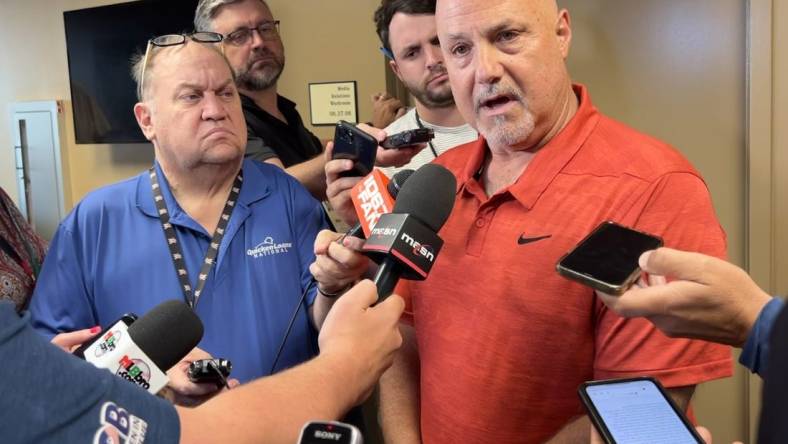 Aug 1, 2023; Washington, District of Columbia, USA; Washington Nationals general manager Mike Rizzo discusses the close of the trade window before the game against the Milwaukee Brewers at Nationals Park. Mandatory Credit: Brad Mills-USA TODAY Sports