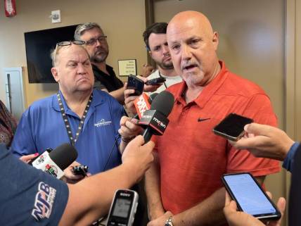 Aug 1, 2023; Washington, District of Columbia, USA; Washington Nationals general manager Mike Rizzo discusses the close of the trade window before the game against the Milwaukee Brewers at Nationals Park. Mandatory Credit: Brad Mills-USA TODAY Sports