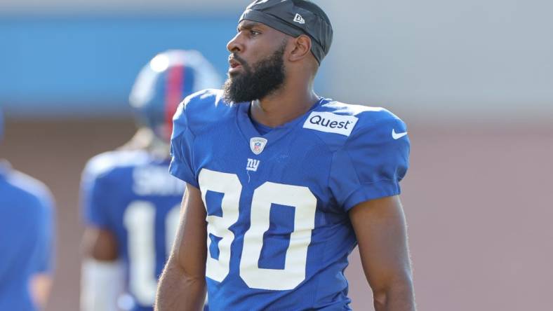 Aug 1, 2023; East Rutherford, NJ, USA; New York Giants wide receiver Jamison Crowder (80) looks on during training camp at the Quest Diagnostics Training Facility.  Mandatory Credit: Vincent Carchietta-USA TODAY Sports