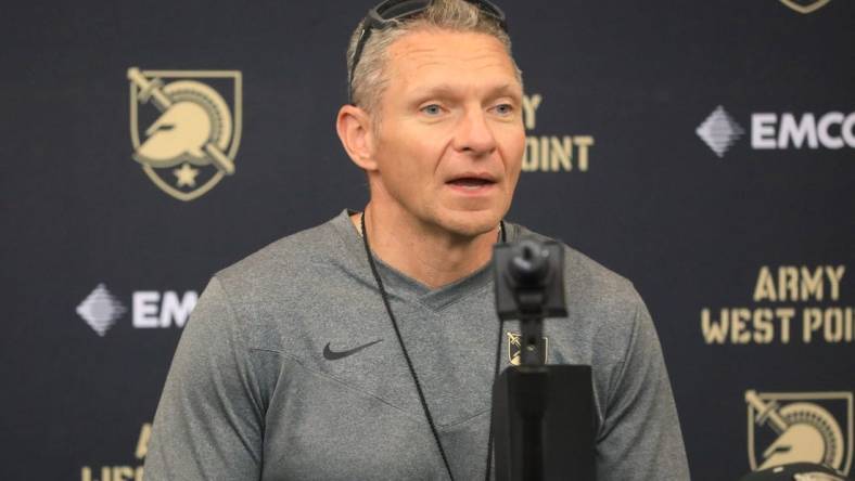 Army Football's head coach, Jeff Monken, during a press conference following Wednesday's practice on August 2, 2023.