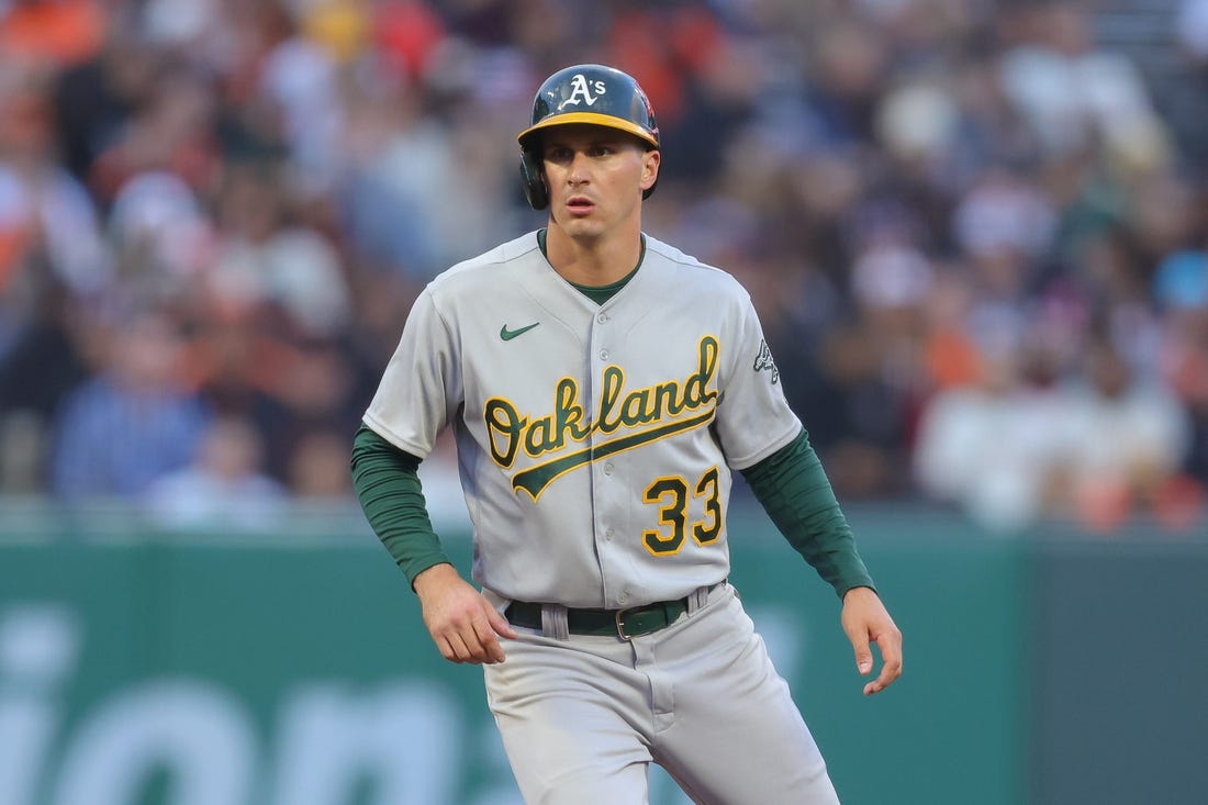 Jul 26, 2023; San Francisco, California, USA; Oakland Athletics left fielder JJ Bleday (33) during the game against the San Francisco Giants at Oracle Park. Mandatory Credit: Sergio Estrada-USA TODAY Sports