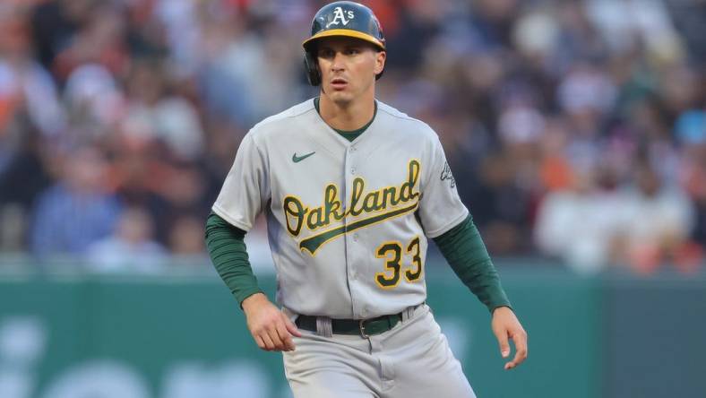 Jul 26, 2023; San Francisco, California, USA; Oakland Athletics left fielder JJ Bleday (33) during the game against the San Francisco Giants at Oracle Park. Mandatory Credit: Sergio Estrada-USA TODAY Sports