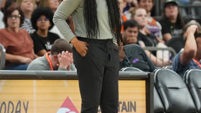 Aug 5, 2023; Phoenix, Arizona, USA; Seattle Storm head coach Noelle Quinn looks on against the Phoenix Mercury during the first half at Footprint Center. Mandatory Credit: Joe Camporeale-USA TODAY Sports