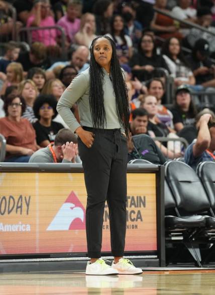 Aug 5, 2023; Phoenix, Arizona, USA; Seattle Storm head coach Noelle Quinn looks on against the Phoenix Mercury during the first half at Footprint Center. Mandatory Credit: Joe Camporeale-USA TODAY Sports