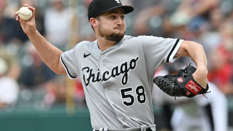 Aug 6, 2023; Cleveland, Ohio, USA; Chicago White Sox relief pitcher Jimmy Lambert (58) throws a pitch during the ninth inning against the Cleveland Guardians at Progressive Field. Mandatory Credit: Ken Blaze-USA TODAY Sports