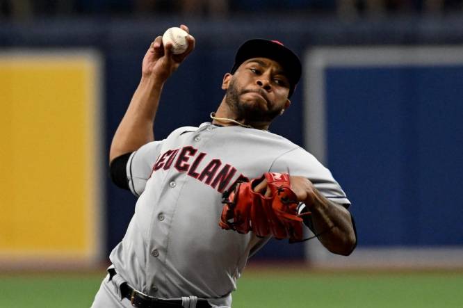 Aug 11, 2023; St. Petersburg, Florida, USA; Cleveland Guardians pitcher Xzavion Curry (44) throws a pitch in the first inning against the Tampa Bay Rays at Tropicana Field. Mandatory Credit: Jonathan Dyer-USA TODAY Sports