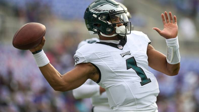 Aug 12, 2023; Baltimore, Maryland, USA;  Philadelphia Eagles quarterback Jalen Hurts (1) warms up before the game against the Baltimore Ravens at M&T Bank Stadium. Mandatory Credit: Tommy Gilligan-USA TODAY Sports