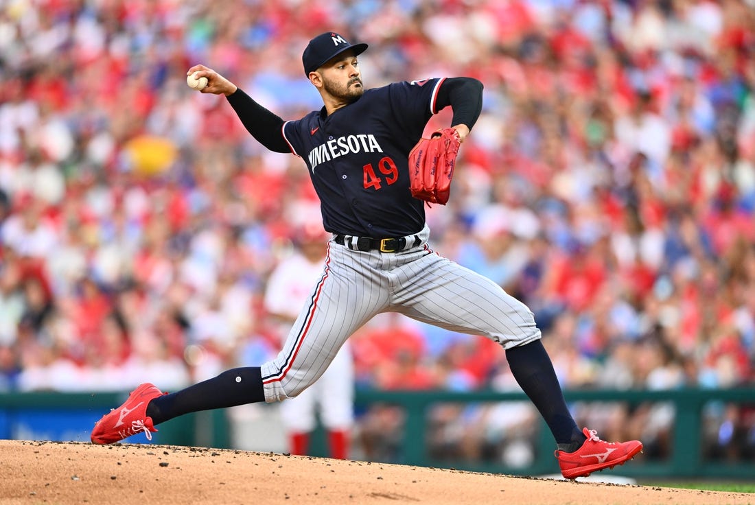 Aug 12, 2023; Philadelphia, Pennsylvania, USA; Minnesota Twins starting pitcher Pablo Lopez (49) throws a pitch against the Philadelphia Phillies in the first inning at Citizens Bank Park. Mandatory Credit: Kyle Ross-USA TODAY Sports