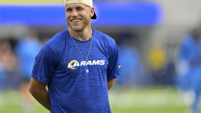 Aug 12, 2023; Inglewood, California, USA;  Los Angeles Rams wide receiver Cooper Kupp (10) looks on from the field prior to the game against the Los Angeles Chargers at SoFi Stadium. Mandatory Credit: Jayne Kamin-Oncea-USA TODAY Sports