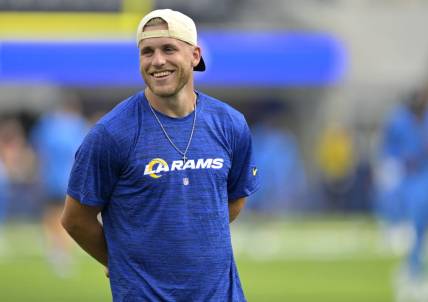 Aug 12, 2023; Inglewood, California, USA;  Los Angeles Rams wide receiver Cooper Kupp (10) looks on from the field prior to the game against the Los Angeles Chargers at SoFi Stadium. Mandatory Credit: Jayne Kamin-Oncea-USA TODAY Sports