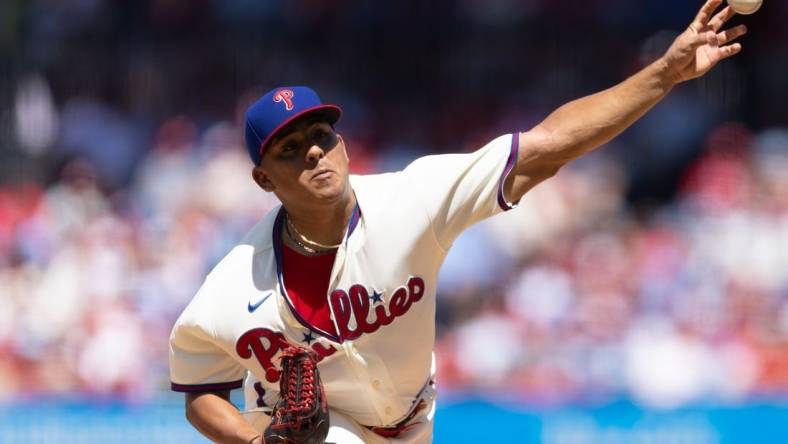 Aug 13, 2023; Philadelphia, Pennsylvania, USA; Philadelphia Phillies starting pitcher Ranger Suarez (55) throws a pitch during the second inning against the Minnesota Twins at Citizens Bank Park. Mandatory Credit: Bill Streicher-USA TODAY Sports