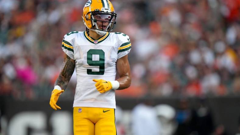 Green Bay Packers wide receiver Christian Watson (9) lines up for a play in the first quarter during a Week 1 NFL preseason game between the Green Bay Packers and the Cincinnati Bengals, Friday, Aug. 11, 2023, at Paycor Stadium in Cincinnati.