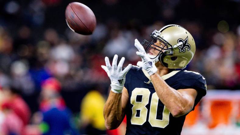 Aug 13, 2023; New Orleans, Louisiana, USA;  New Orleans Saints tight end Jimmy Graham (80) warms up before the game against the  Kansas City Chiefs during the pregame at the Caesars Superdome. Mandatory Credit: Stephen Lew-USA TODAY Sports