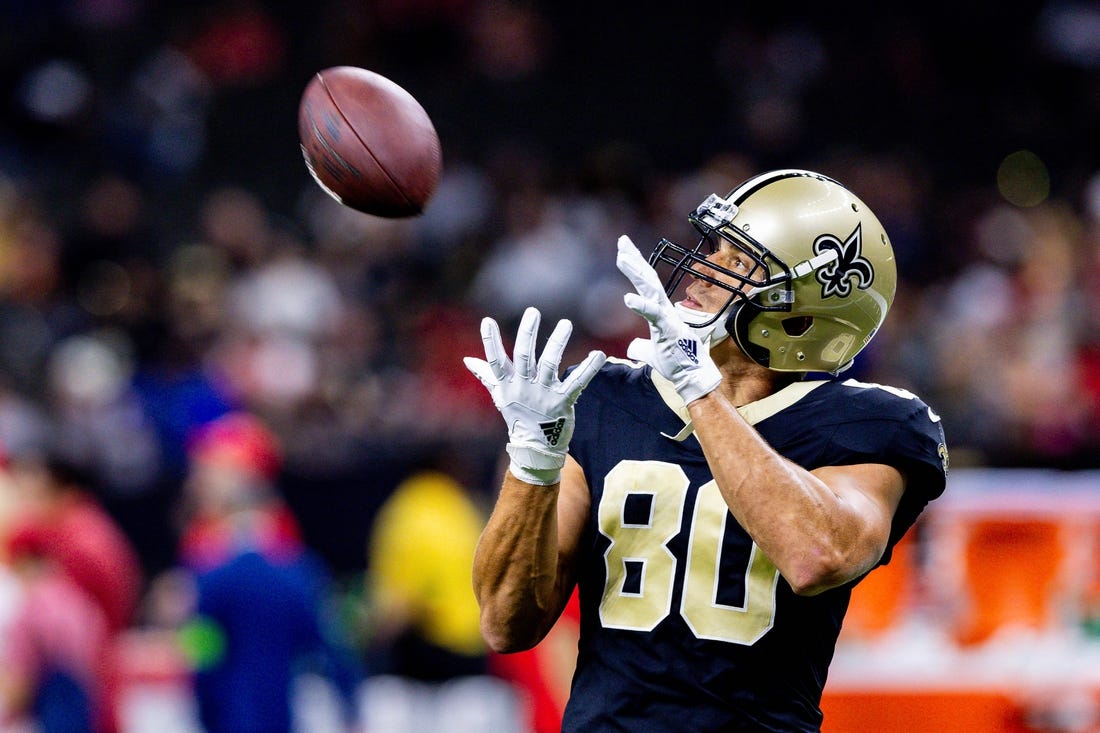 Aug 13, 2023; New Orleans, Louisiana, USA;  New Orleans Saints tight end Jimmy Graham (80) warms up before the game against the  Kansas City Chiefs during the pregame at the Caesars Superdome. Mandatory Credit: Stephen Lew-USA TODAY Sports