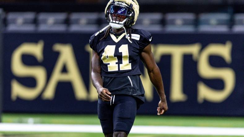 Aug 11, 2023; Metairie, LA, USA;  New Orleans Saints running back Alvin Kamara (41) looks on during training camp at the Caesars Superdome. Mandatory Credit: Stephen Lew-USA TODAY Sports