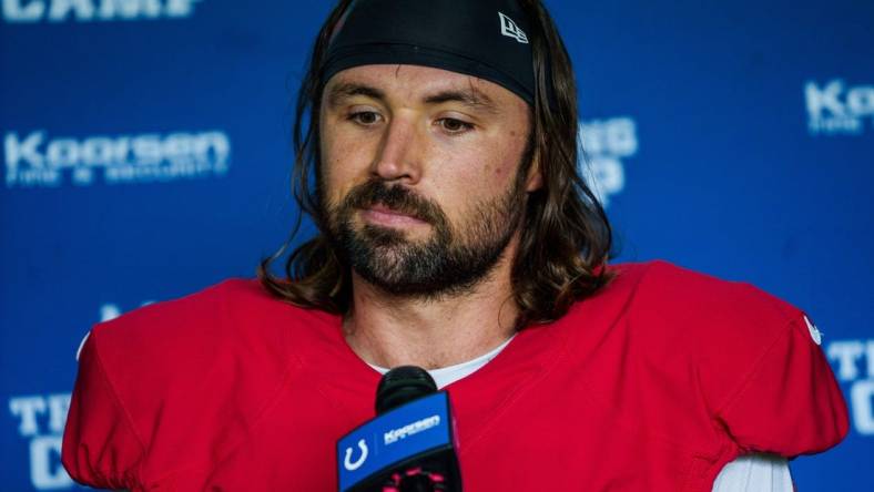 Indianapolis Colts quarterback Gardner Minshew (10) speaks with media Tuesday, Aug. 15, 2023, after fellow quarterback Anthony Richardson was named the starter.