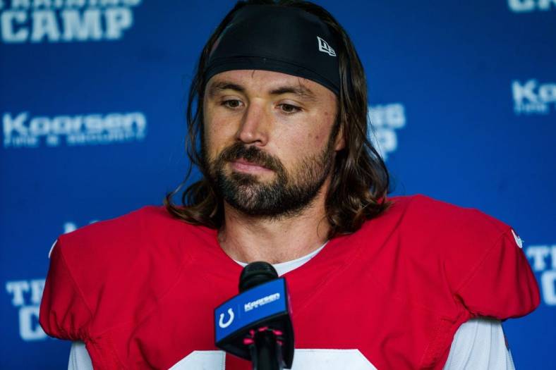 Indianapolis Colts quarterback Gardner Minshew (10) speaks with media Tuesday, Aug. 15, 2023, after fellow quarterback Anthony Richardson was named the starter.