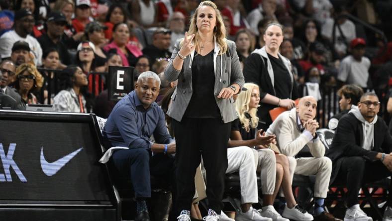 Aug 15, 2023; Las Vegas, Nevada, USA; Las Vegas Aces head coach Becky Hammon gestures to players during the second quarter against the New York Liberty at Michelob Ultra Arena. Mandatory Credit: Candice Ward-USA TODAY Sports