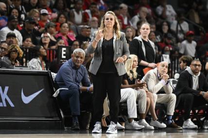 Aug 15, 2023; Las Vegas, Nevada, USA; Las Vegas Aces head coach Becky Hammon gestures to players during the second quarter against the New York Liberty at Michelob Ultra Arena. Mandatory Credit: Candice Ward-USA TODAY Sports