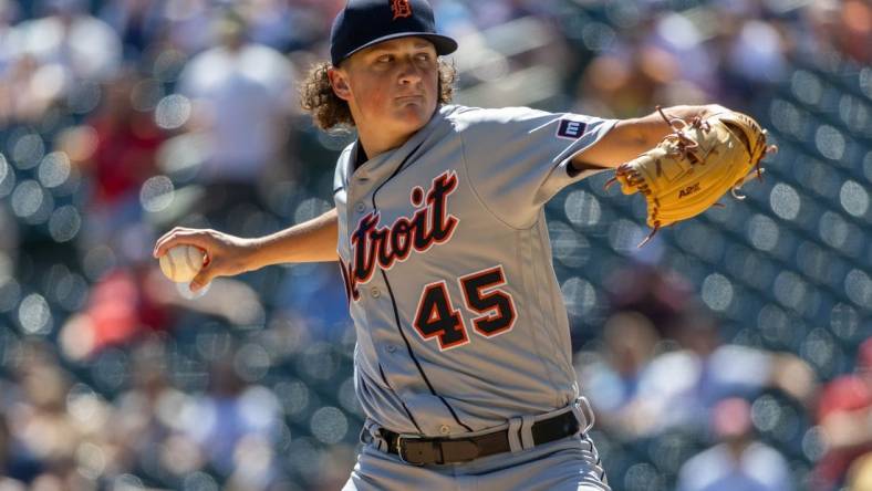 Aug 16, 2023; Minneapolis, Minnesota, USA; Detroit Tigers starting pitcher Reese Olson (45) delivers a pitch against the Minnesota Twins in the first inning at Target Field. Mandatory Credit: Jesse Johnson-USA TODAY Sports