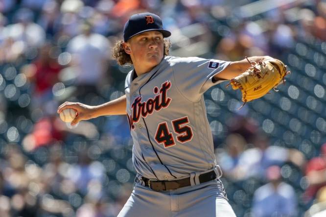 Aug 16, 2023; Minneapolis, Minnesota, USA; Detroit Tigers starting pitcher Reese Olson (45) delivers a pitch against the Minnesota Twins in the first inning at Target Field. Mandatory Credit: Jesse Johnson-USA TODAY Sports