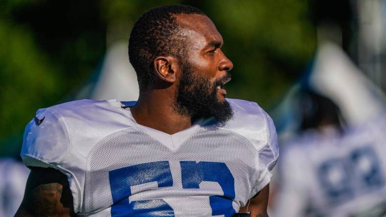 The Indianapolis Colts Shaquille Leonard (53) gets hyped up for practice between the Indianapolis Colts and the Chicago Bears on Wed. Aug. 16, 2023, at Grand Park in Westfield Ind.