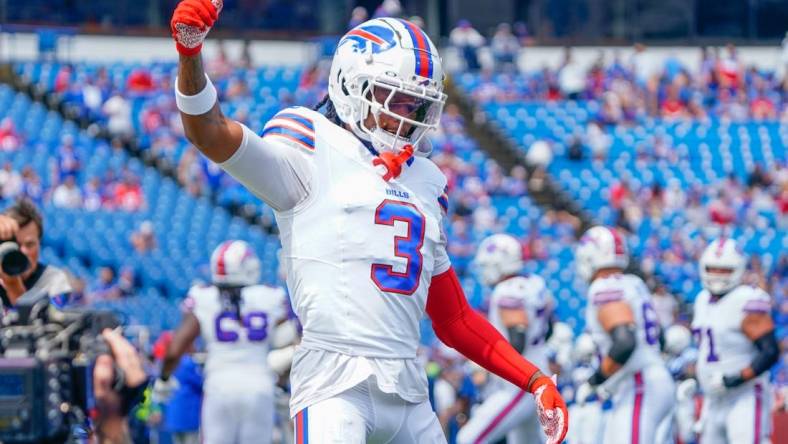 Aug 12, 2023; Orchard Park, New York, USA; Buffalo Bills safety Damar Hamlin (3) warms up prior to the game against the Indianapolis Colts at Highmark Stadium. Mandatory Credit: Gregory Fisher-USA TODAY Sports