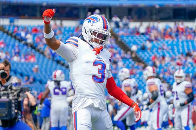 Aug 12, 2023; Orchard Park, New York, USA; Buffalo Bills safety Damar Hamlin (3) warms up prior to the game against the Indianapolis Colts at Highmark Stadium. Mandatory Credit: Gregory Fisher-USA TODAY Sports