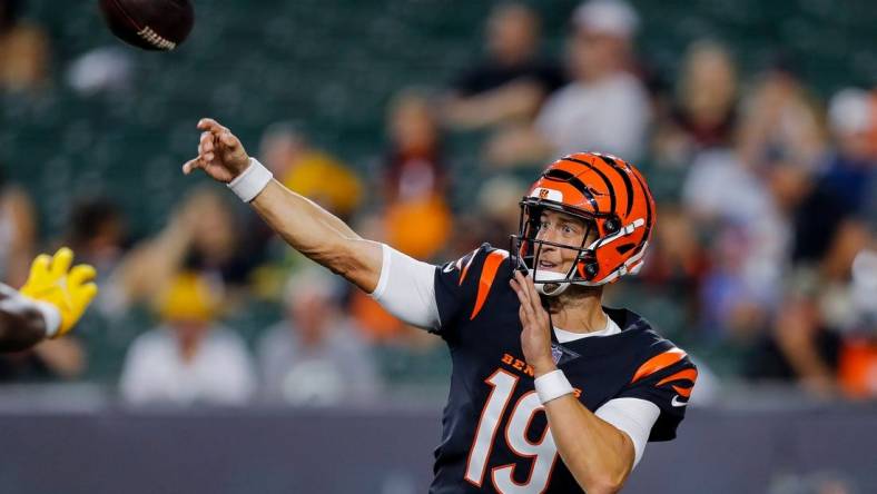 Aug 11, 2023; Cincinnati, Ohio, USA; Cincinnati Bengals quarterback Trevor Siemian (19) throws a pass against the Green Bay Packers in the second half at Paycor Stadium. Mandatory Credit: Katie Stratman-USA TODAY Sports