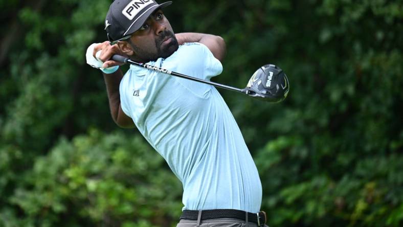 Aug 17, 2023; Olympia Fields, Illinois, USA; Sahith Theegala tees off from the second tee during the first round of the BMW Championship golf tournament. Mandatory Credit: Jamie Sabau-USA TODAY Sports