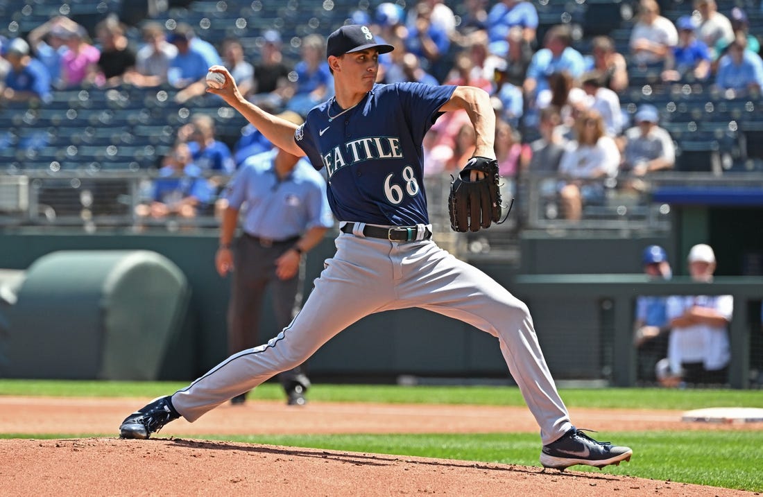 Aug 17, 2023; Kansas City, Missouri, USA;  Seattle Mariners starting pitcher George Kirby (68) delivers a pitch in the first inning against the Kansas City Royals at Kauffman Stadium. Mandatory Credit: Peter Aiken-USA TODAY Sports