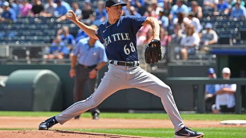 Aug 17, 2023; Kansas City, Missouri, USA;  Seattle Mariners starting pitcher George Kirby (68) delivers a pitch in the first inning against the Kansas City Royals at Kauffman Stadium. Mandatory Credit: Peter Aiken-USA TODAY Sports