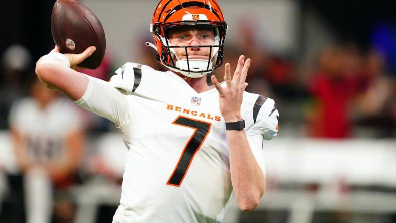 Aug 18, 2023; Atlanta, Georgia, USA; Cincinnati Bengals quarterback Reid Sinnett (7) passing during pregame warmups before their game against the Atlanta Falcons at Mercedes-Benz Stadium. Mandatory Credit: John David Mercer-USA TODAY Sports