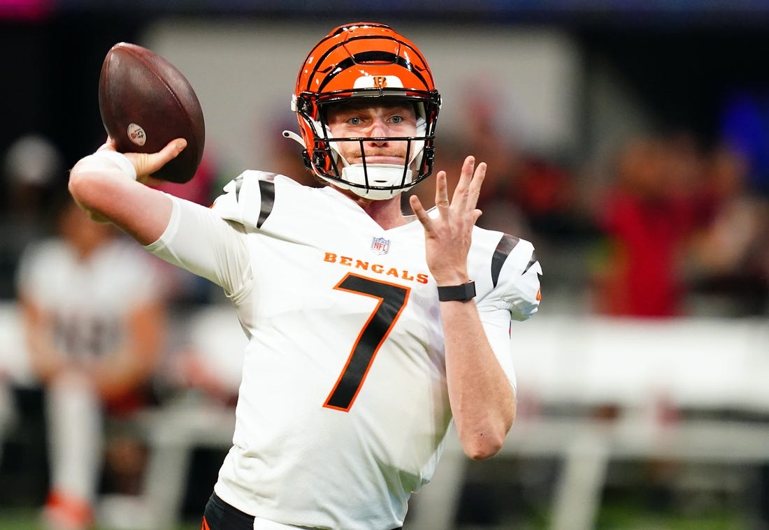 Aug 18, 2023; Atlanta, Georgia, USA; Cincinnati Bengals quarterback Reid Sinnett (7) passing during pregame warmups before their game against the Atlanta Falcons at Mercedes-Benz Stadium. Mandatory Credit: John David Mercer-USA TODAY Sports