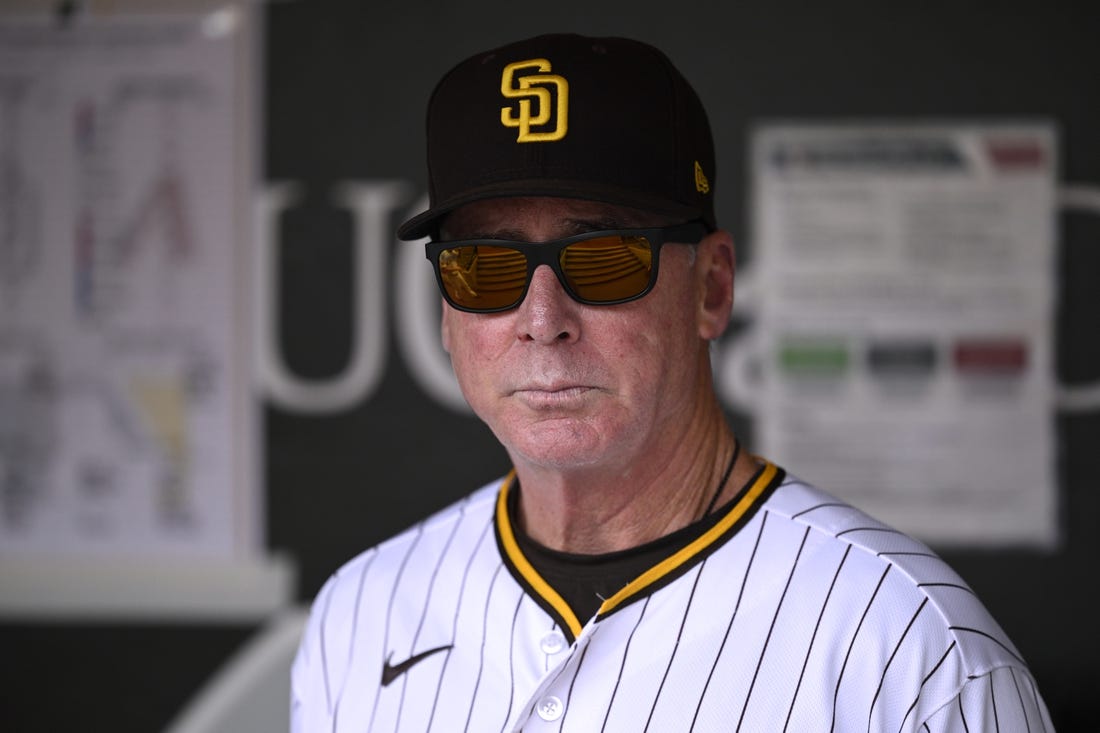 Aug 19, 2023; San Diego, California, USA; San Diego Padres manager Bob Melvin (3) looks on before the game against the Arizona Diamondbacks at Petco Park. Mandatory Credit: Orlando Ramirez-USA TODAY Sports