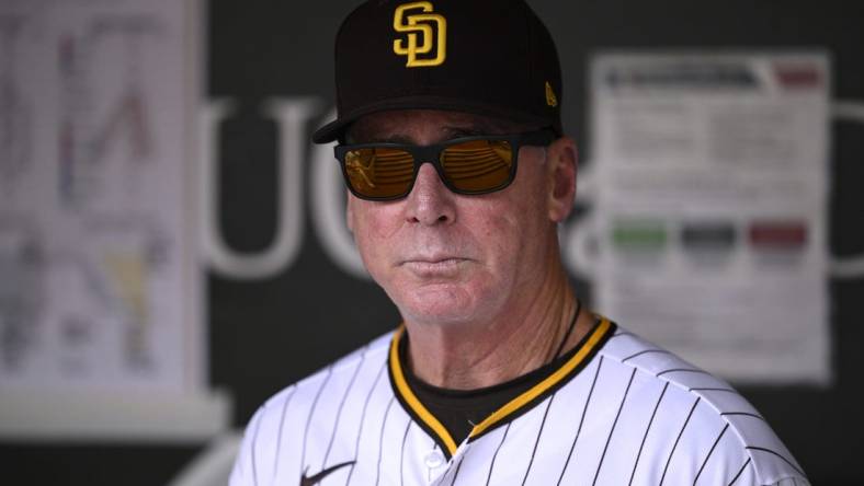 Aug 19, 2023; San Diego, California, USA; San Diego Padres manager Bob Melvin (3) looks on before the game against the Arizona Diamondbacks at Petco Park. Mandatory Credit: Orlando Ramirez-USA TODAY Sports